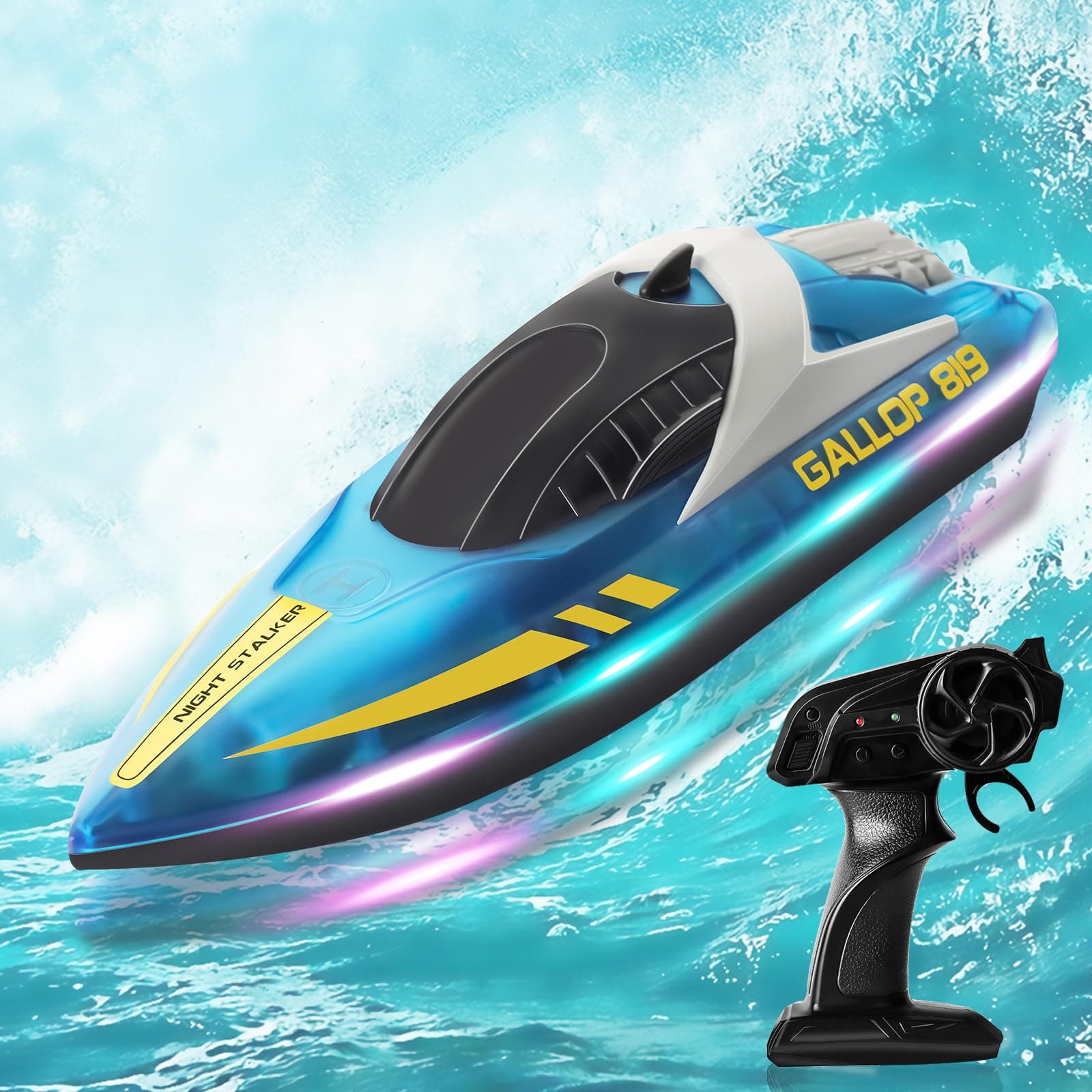 Remote Control Boat with LED Light, RC Boat Low Battery Alarm(Rechargeable), Self-Righting 9.3MPH, 2.4GHz Full Proportional Remote Control Boats for Kids/Adults, For Pools/Lakes Speed Boats