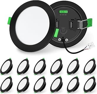 ALUSSO LIGHTING Black LED Downlights Dimmable Recessed Ceiling Lights 10W 1050lm High Brightness, 3000K Warm 4000K Neutral 6500K Cool White Bathroom Spotlights Ceiling Ultra Slim IP44 Kitchen, 12 Pack [Energy Class D]