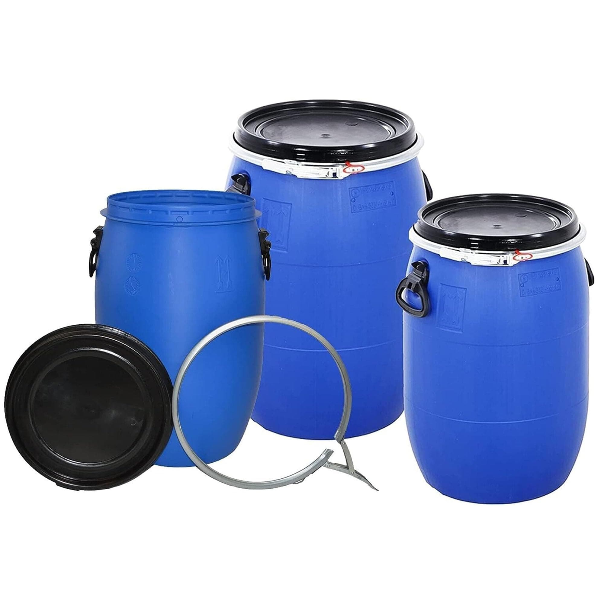 60 Litre Plastic Blue Open Top Storage Barrel with Lid, Latch Ring and LOCK, UN Approved, Transport Storage Drum Keg