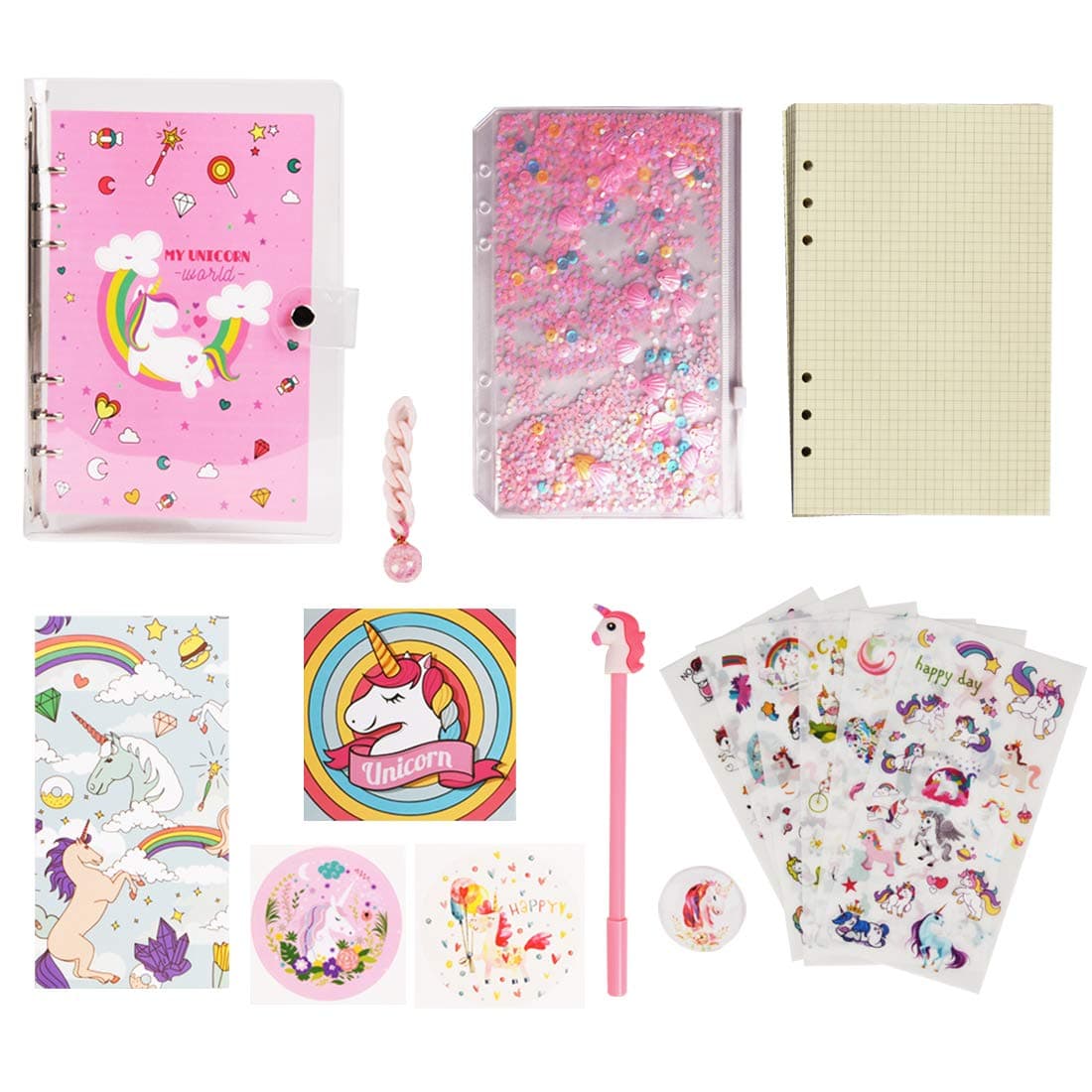 Unicorn Gifts Notebook Loose Leaf Wirebound Creative Composition Subject Journal & Diary Gifts Packs with Sequin PVC Cover,Unicorn Stickers,Pen,Hanging Drop Cute Gift Ideas for Girls Teem (A6)