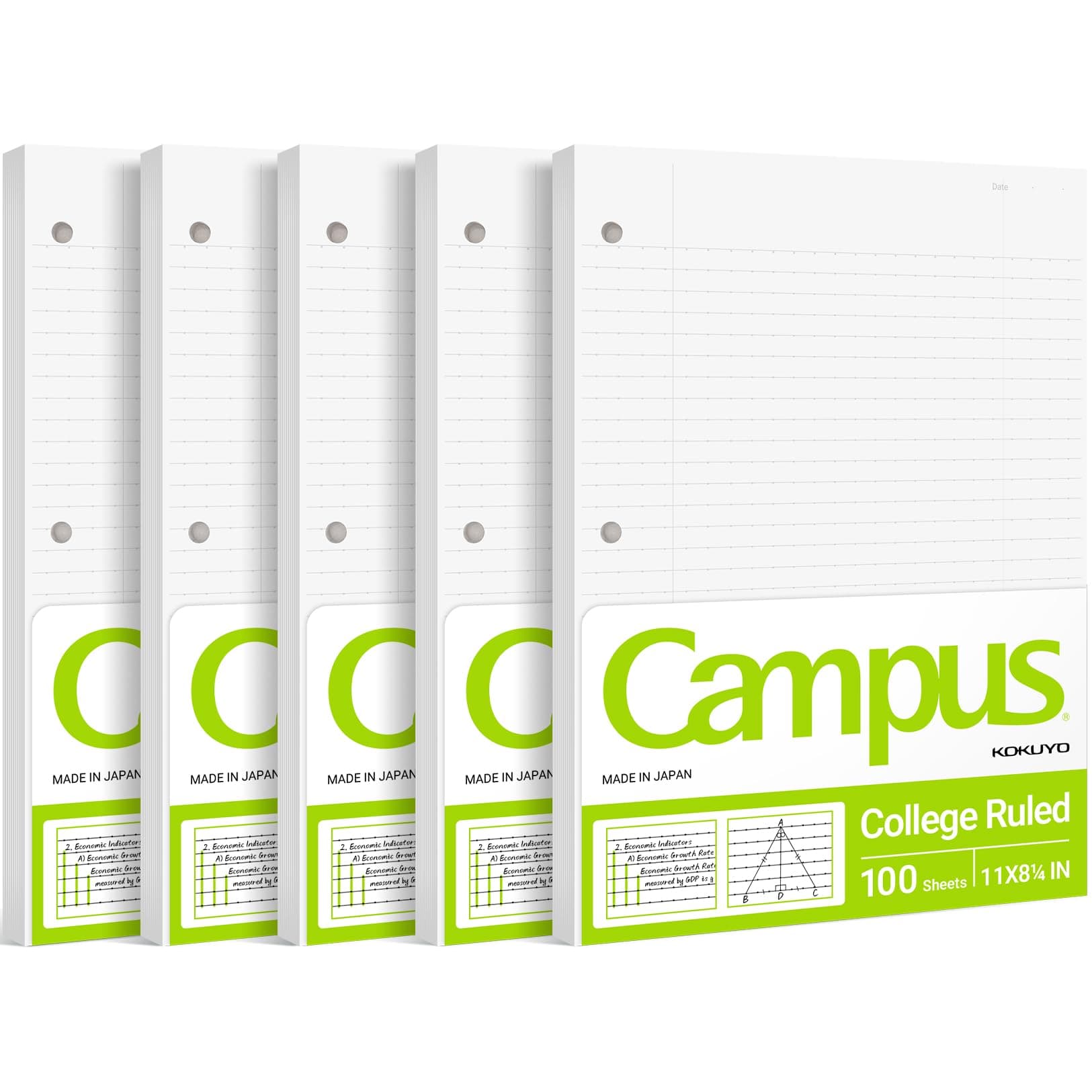 Campus Loose Leaf Paper for 3 Ring Binders, 11” x 8-1/4” Smooth Writing Lined Paper, 500 Sheets, 70 GSM, College Ruled, Bleeding-Resistance, School Suppliers, Made in Japan (WSG-NO-887G1x5)