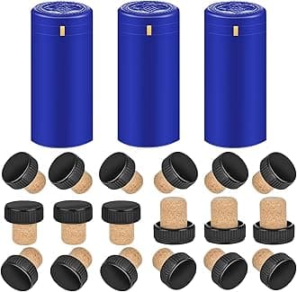 PVC heat shrink capsules 40 count dark blue and 40 wine bottle cork stoppers, wine preservation set for cruise, seal shrink wrap sleeves caps tops, capsules for making cellars