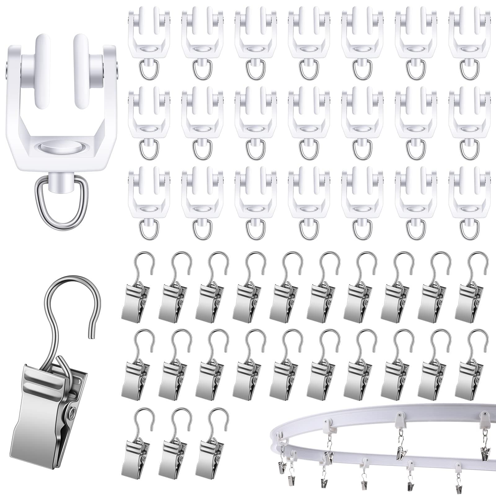 Amyhill 60 Pcs Curtain Track Roller Hooks Rail Ceiling Gliders Set Plastic Wheeled Curtain Carrier with Steel Glider Hooks for Shower Home Decoration