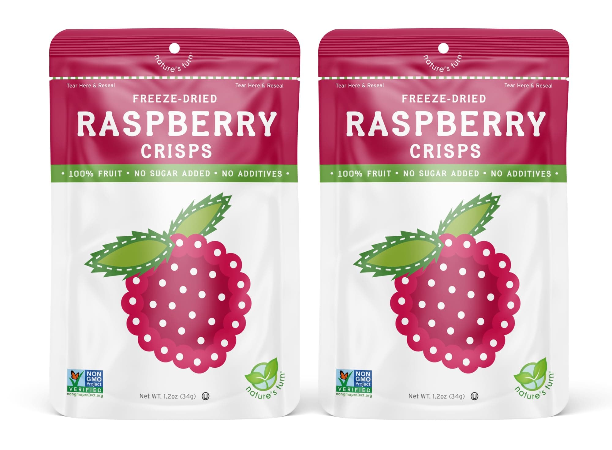 Nature’s Turn Freeze-Dried Raspberry Crisps – Healthy, Gluten-Free, Crispy & Delicious, Plant-Based Snack, Ideal for Cereal, Smoothies, School Lunches, & On-the-Go, Bags of 2 (1.2 oz Each)