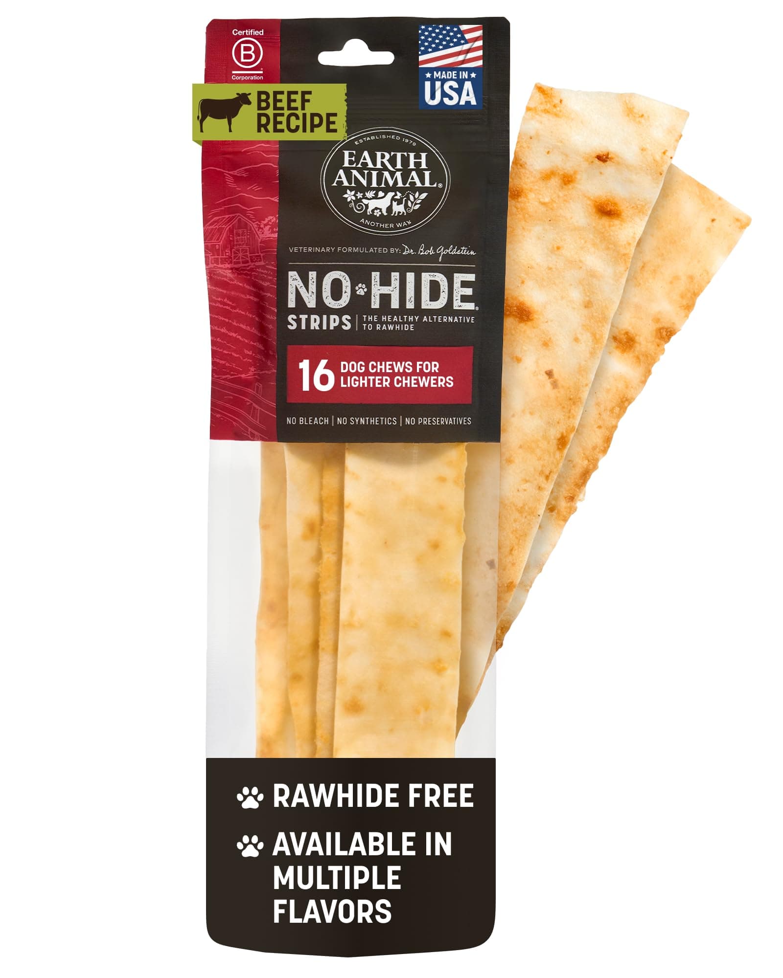 No Hide Strips - Natural Rawhide Free Dog Chew Strips, Beef - 16 Count