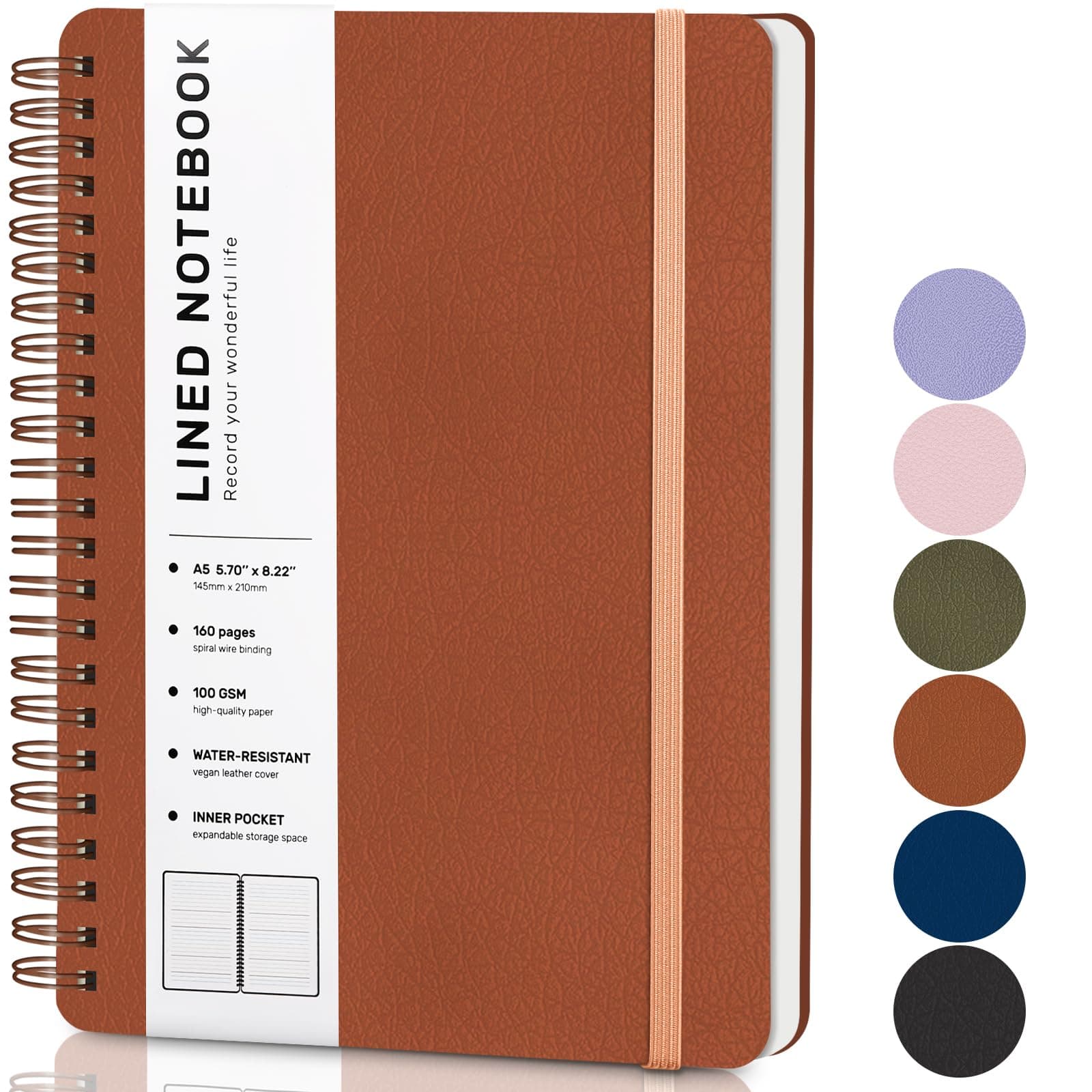 ABERLLS Brown Lined Spiral Journal Notebook with 160 Pages, 8×5.7in, A5 Spiral Notebook, Journaling Notebooks for Work, School, Women, Men, College Ruled Spiral Notebook, Hardcover Leather Journals