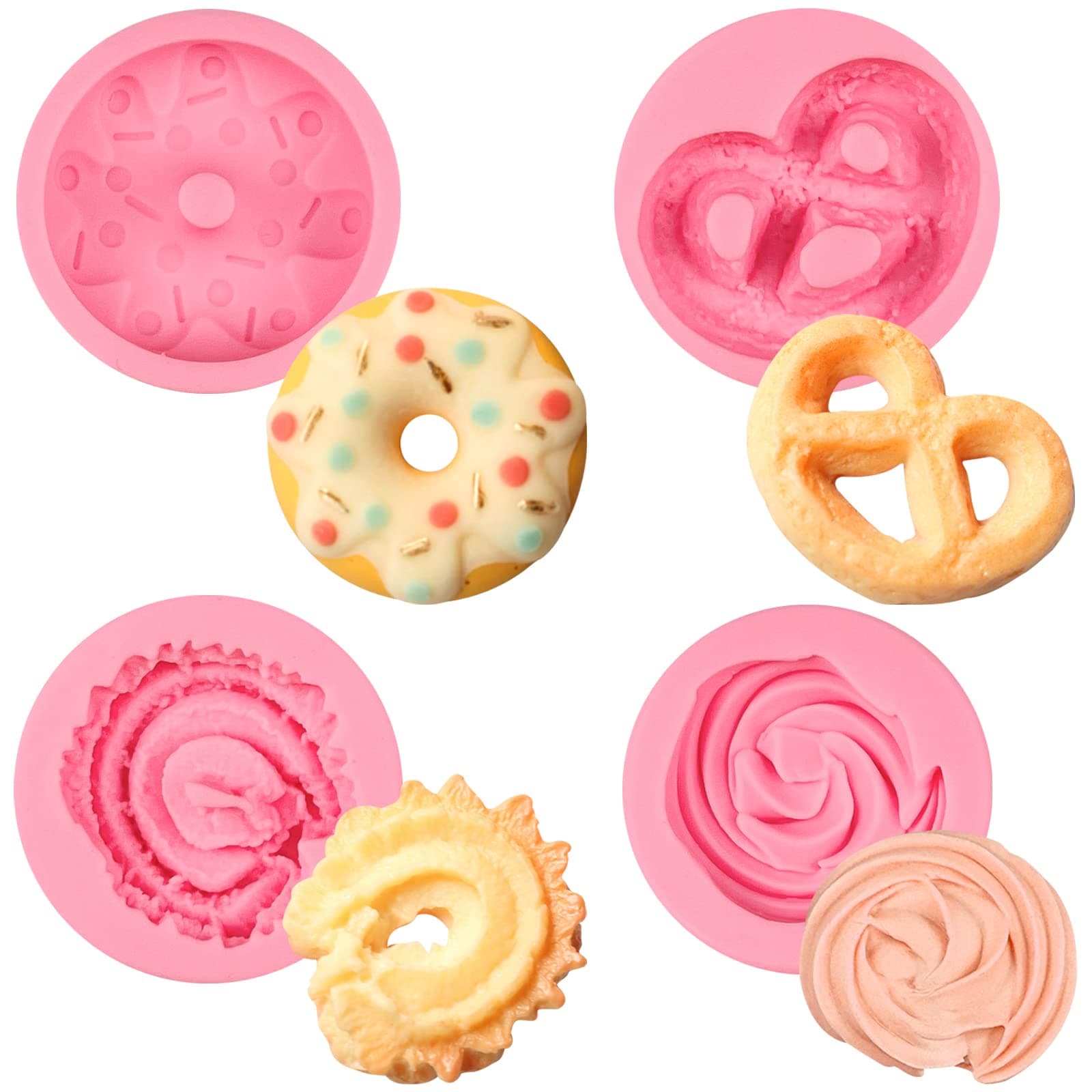Donut Fondant Molds 4Pcs Silicone Cookie Molds for Baking Cake Decorating Candy Chocolate Flower Paste Sugar Craft Marzipan Jelly Mousse Clay Projects Resin Gypsum