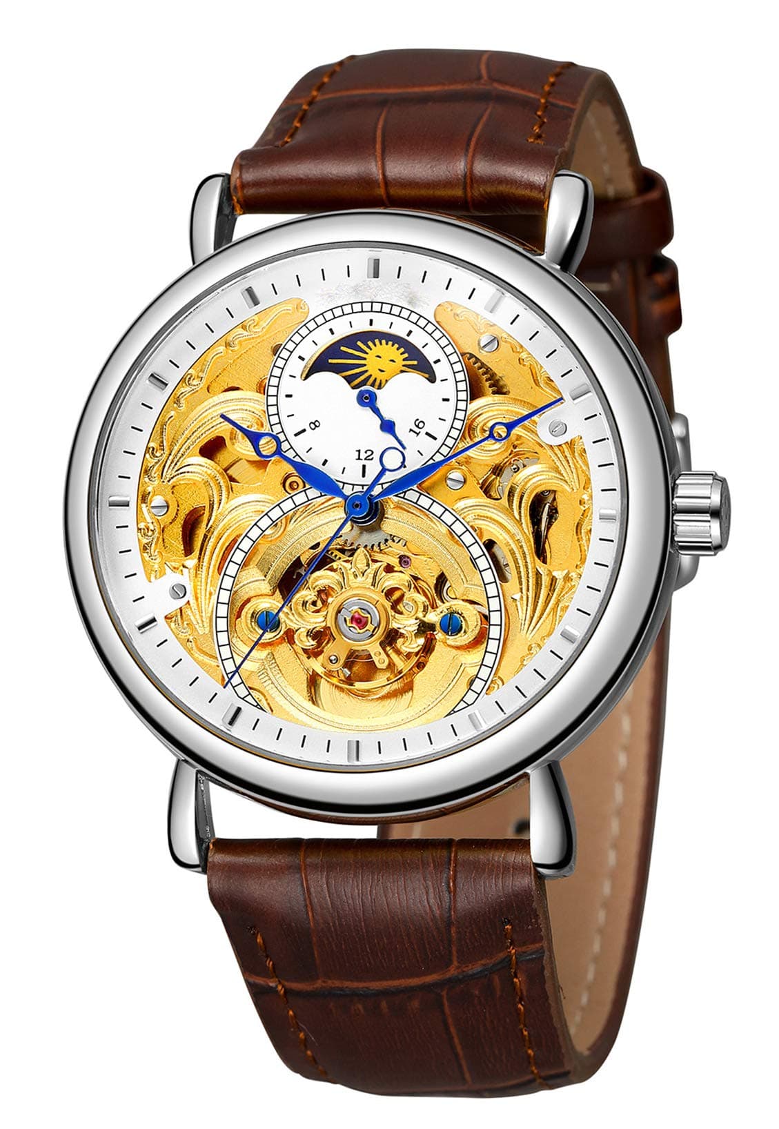 Parnis Black Case Number White Dial Hand Wind Mechanical See-through Back Mens Womens Watch Brown Leather