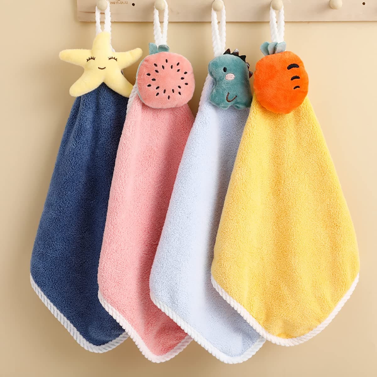 4 Pack Cute Kids Hand Towels with Hanging Loop, Plush Absorbent Toddler Animals Hand Towels Washcloth for Bathroom Kitchen Bedroom Fast Drying