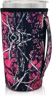 Neoprene Insulated Sleeves Cup Holder with Handle for 20oz Tumbler Cups, Reusable Iced Coffee Sleeve Compatible with Starbucks Trenta, Dunkin Large, more(Pink Camouflage)