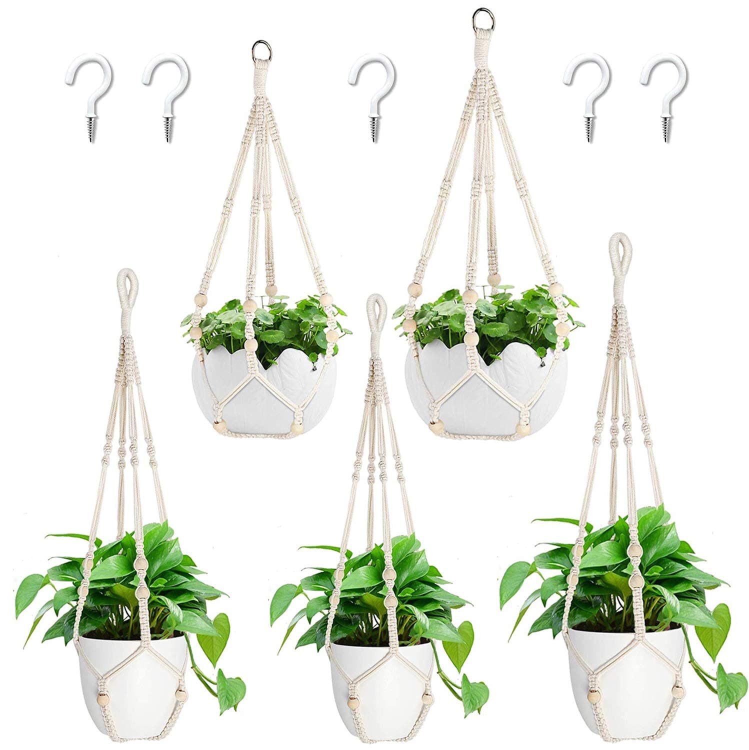 SevenFish5 Pack Different Length Macrame Plant Hangers + 5pcs Hooks, Indoor Outdoor Hanging Plant Holder Hanging Planter with Beads for Boho Home Wall Decor - No Tassels
