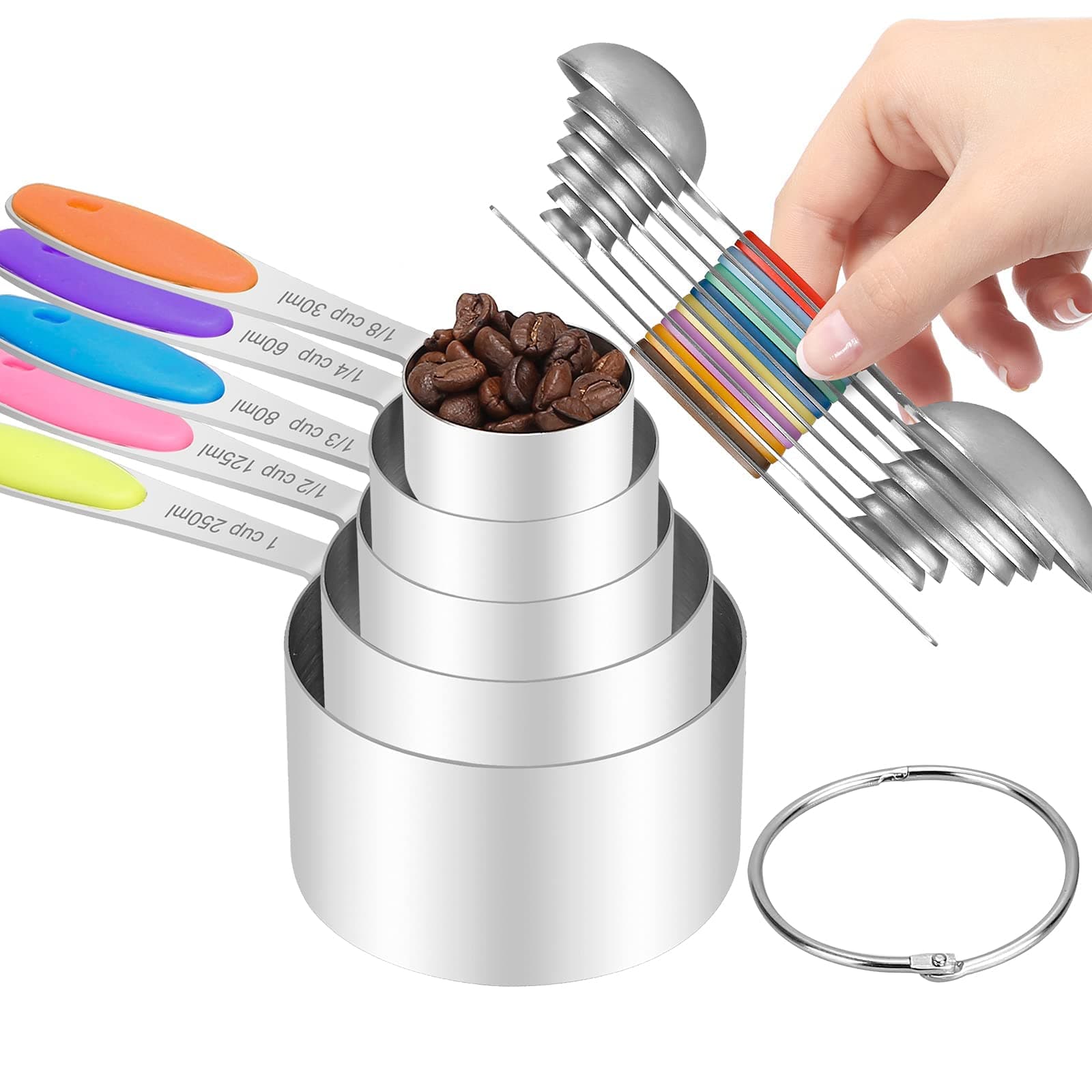 Measuring Cups and Spoons Set,Includes 5 Stainless Steel Nesting Measuring Cups, 7 Measuring Spoons, 1 Leveler, for Dry & Liquid Ingredients