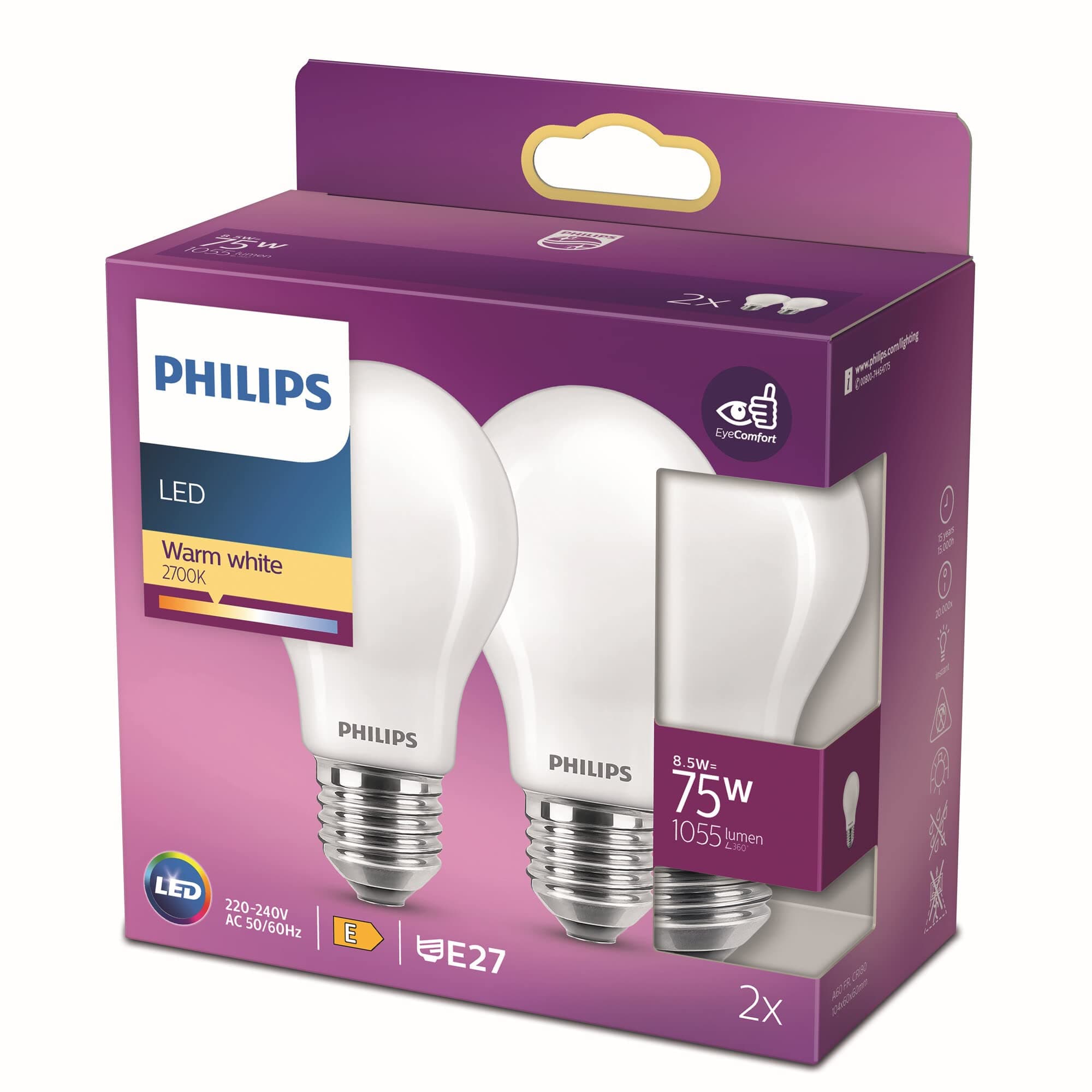 LED Premium Classic A60 Frosted Light Bulb 2 Pack [E27 Edison Screw] 8.5W - 75W Equivalent , Warm White 2700K, Non Dimmable