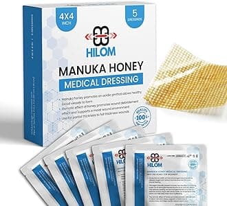 Hilom Medical Grade Manuka Honey Gauze Dressing 4 inch x 4 inch (5 Pack - Non-Adherent) | First Aid for Minor Wounds Such as Cuts or Advanced Wound Care of Bed Sores, Burns, or Lacerations