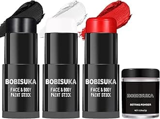 BOBISUKA Black White Red Face Paint Stick with Setting Powder Set Clown Makeup Eye Black Sticks for Sports, Body Paints for Halloween Joker Skeleton Cosplay Special Effects Costume SFX Stage Kit