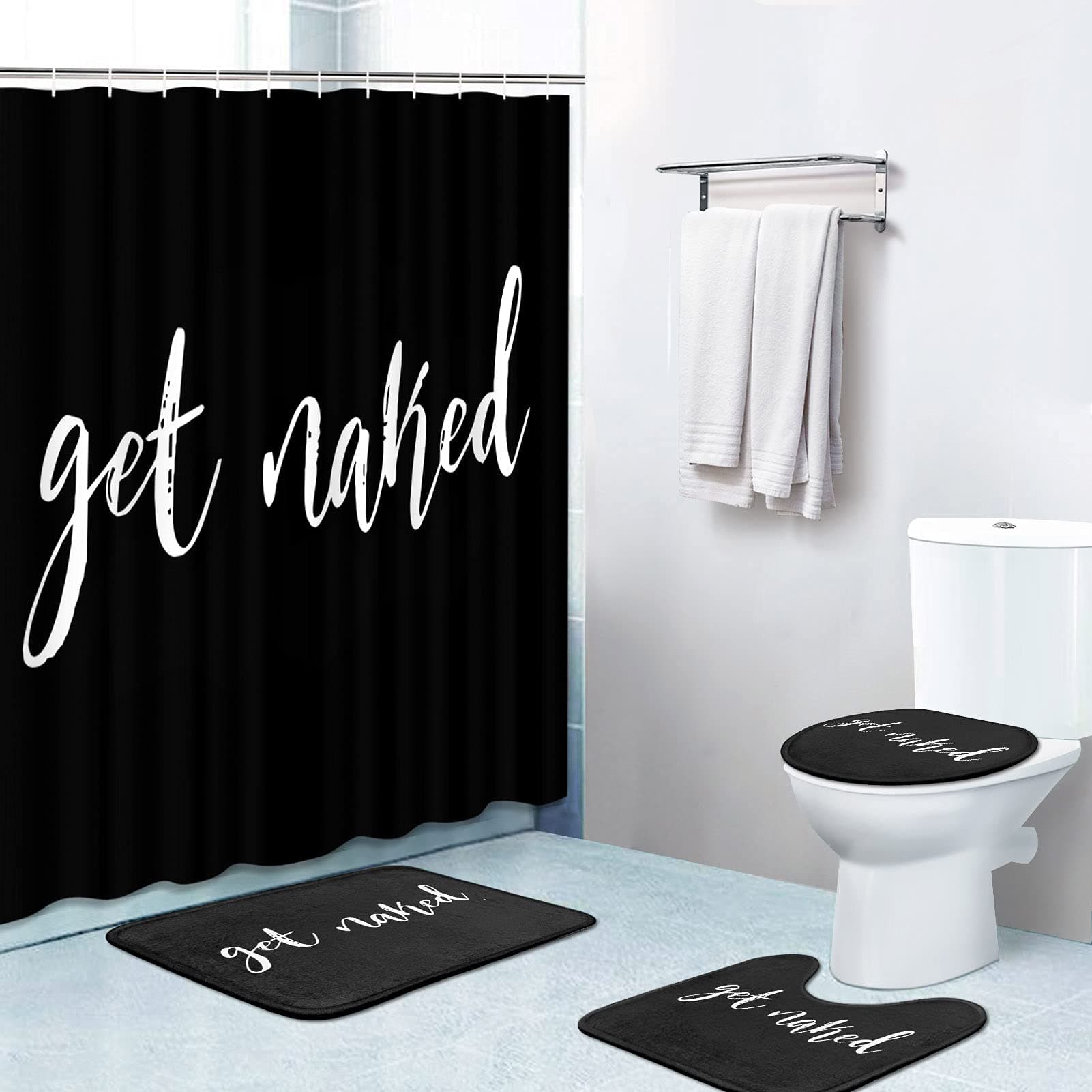 Britimes 4 Piece Shower Curtain Sets, with 12 Hooks, Get Naked Black with Non-Slip Rugs, Toilet Lid Cover and Bath Mat, Durable and Waterproof, for Bathroom Decor Set, 72" x 72"
