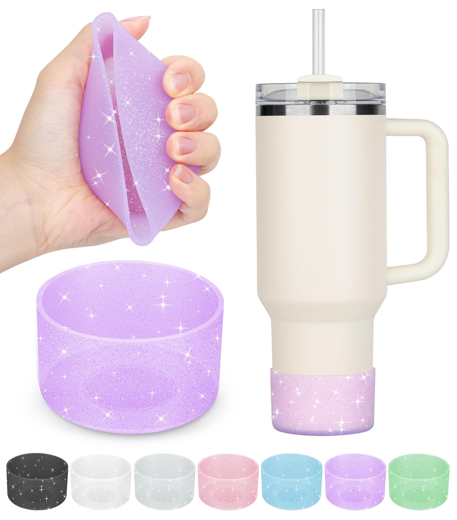 Stanley Boot Silicone for Stanley Cup 20-40oz and Hydroflask 12-24oz Glitter Floor Protector Accessories, Mist, Purple, Pack of 2