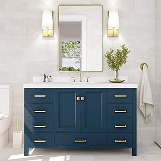ARIEL Bathroom Vanity 55" Midnight Blue with 1.5" Edge Pure White Quartz Countertop & Backsplash, Center Rectangular Sink, 2 Soft Closing Doors, 9 Full Extension Dovetail Drawers, Satin Brass