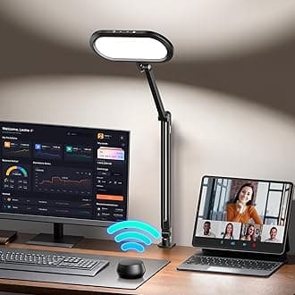LED Desk Lamp for Home Office, Eye-Care Double-Sided Desk Light with Stepless Dimmable Knob Remote, Memory, Adjustable Arm Clip on Light for Video Recording, Zoom Call, Study, Flicker-Free, Glare-Free