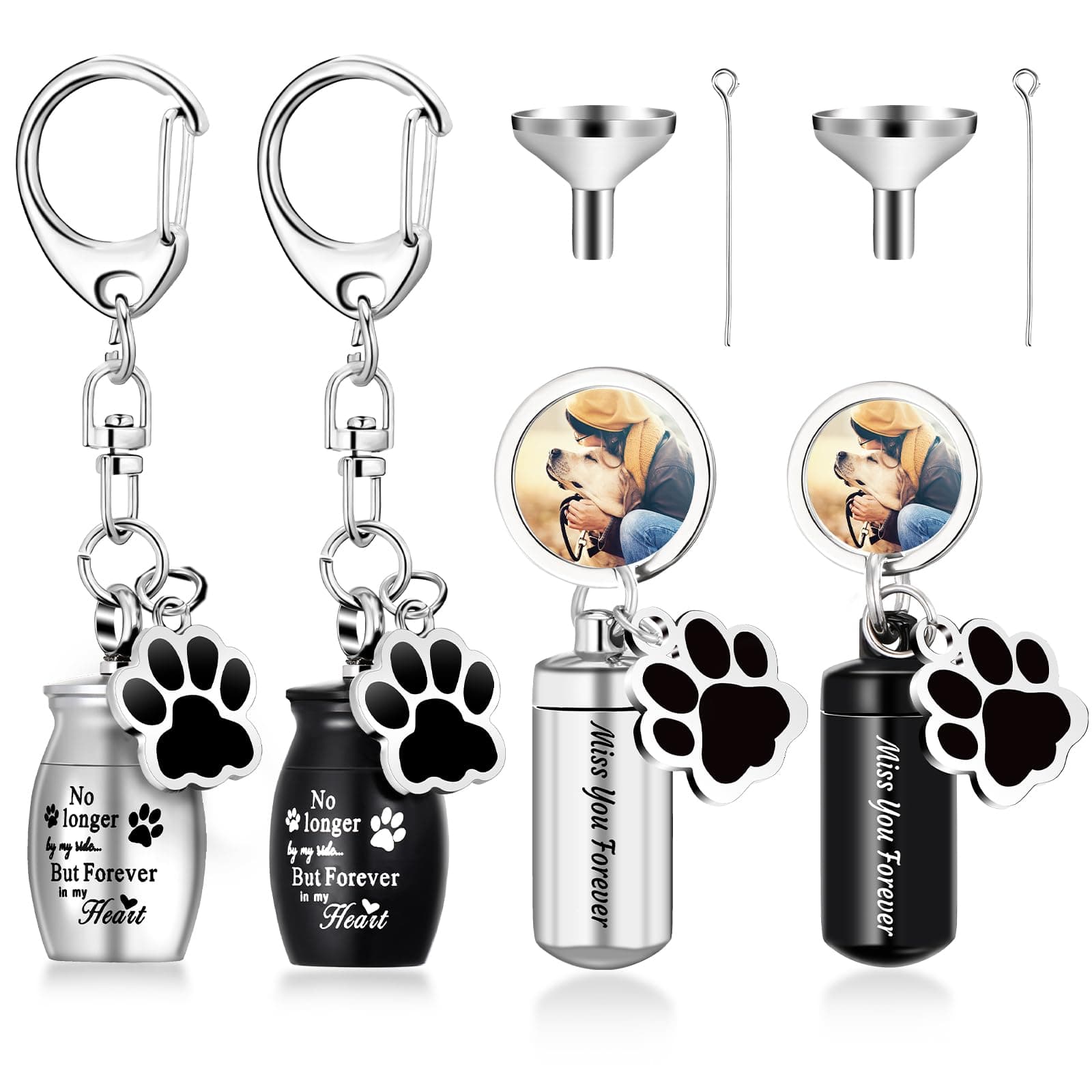 Kigeli 4 Pcs Pet Ashes Keepsake Keychain for Dog Pet Ashes Urn with 4 Pcs Filling Tools Memorial Cylinder Small Pet Ashes Keepsake Cat Cremation Jewelry Pend Paw Print Urn Pendant 2 Styles, White,
