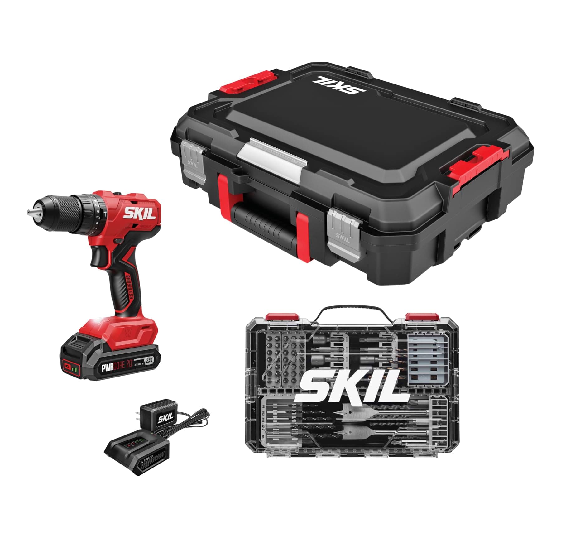 SKIL 20V Brushless Hammer Drill Kit Including 2.0Ah Battery, 30W Charger, 75-Pc. Drill and Driver Bit Set with Interlocking Case-HD6280B-11
