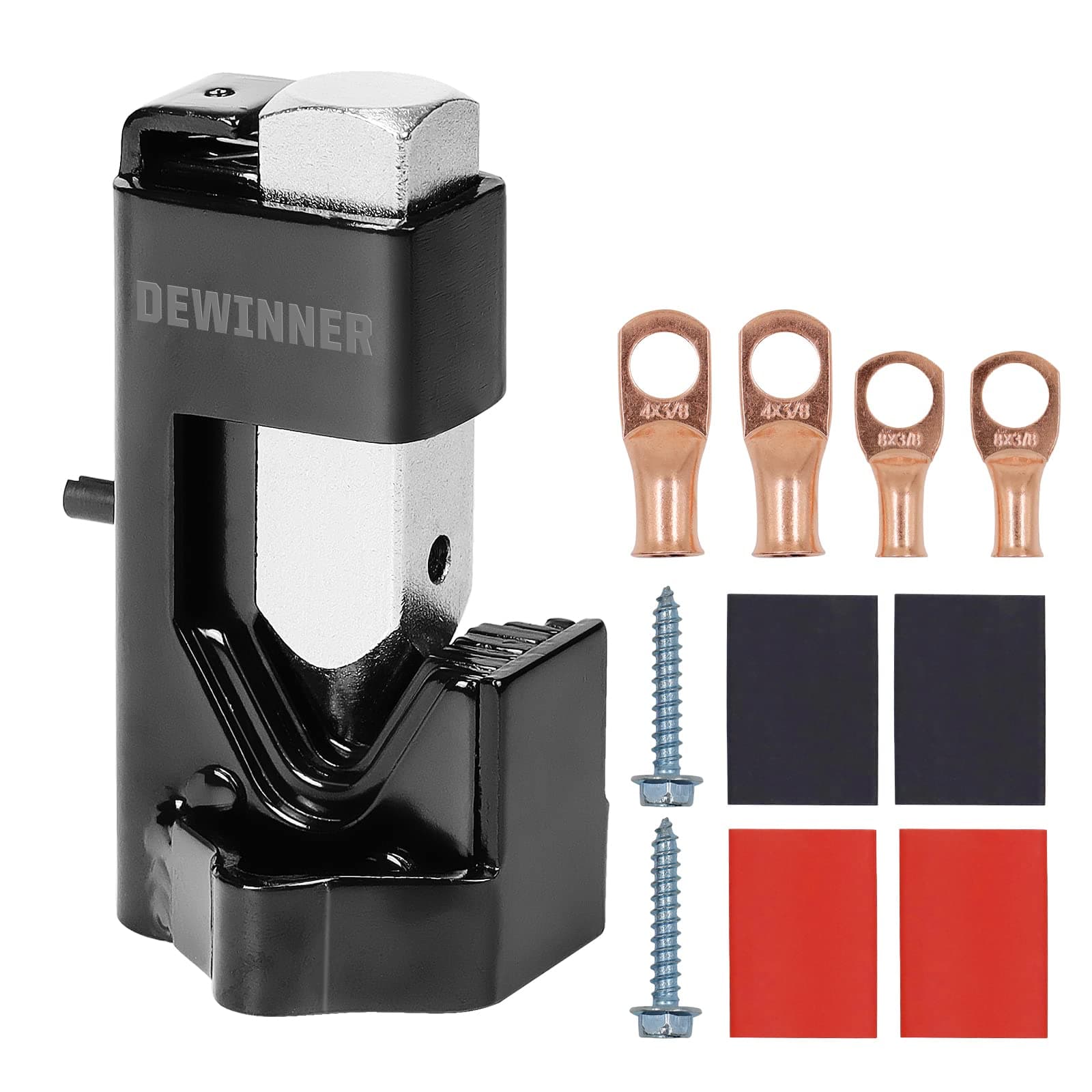 DEWINNER Hammer Lug Crimper Tool for Crimping Cables Wire Terminal Crimp 8 AWG to 4/0 Wire Gauge with 2PCS 8 AWG and 4 AWG (3/8") Wire Copper Lugs, 4PCS Dual Wall Adhesive Heat Shrink Tubing