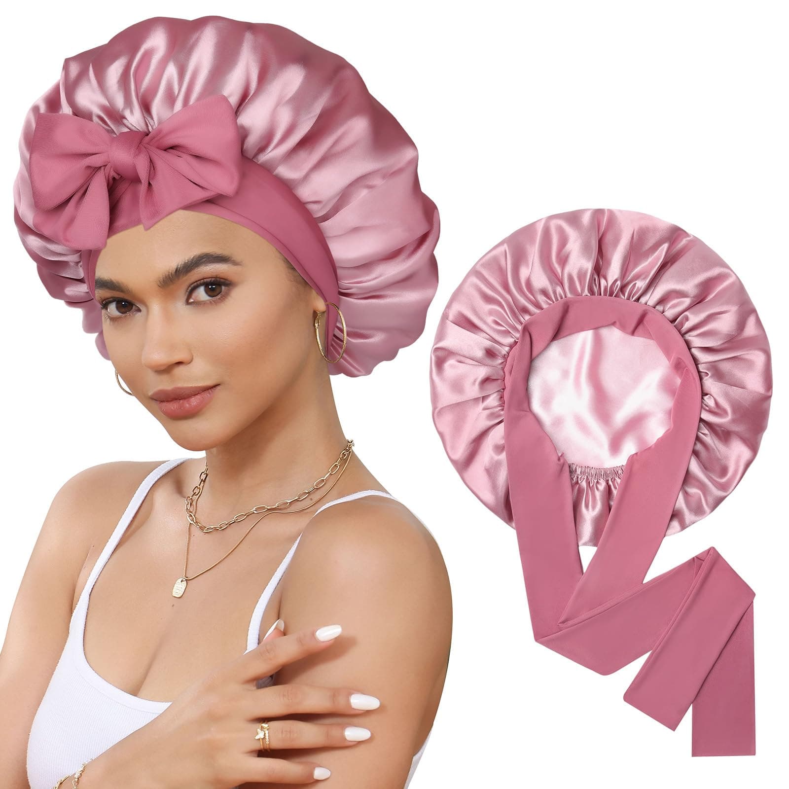 Satin Bonnet for Sleeping Cap Double Layer Hair Bonnet with Elastic Tie Band for Curly Hair Night Cap (Bean Paste + Pink)