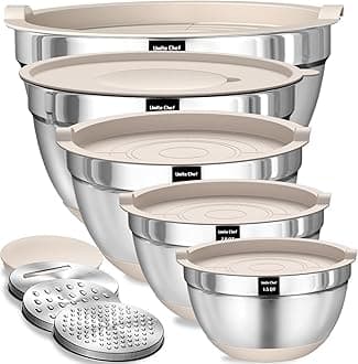Umite Chef Mixing Bowls with Airtight Lids Set, 8PCS Stainless Steel Khaki Nesting Bowls with Grater Attachments, Kitchen Bowls with Non-Slip Bottoms, Size 5, 4, 3.5, 2, 1.5QT for Mixing & Serving