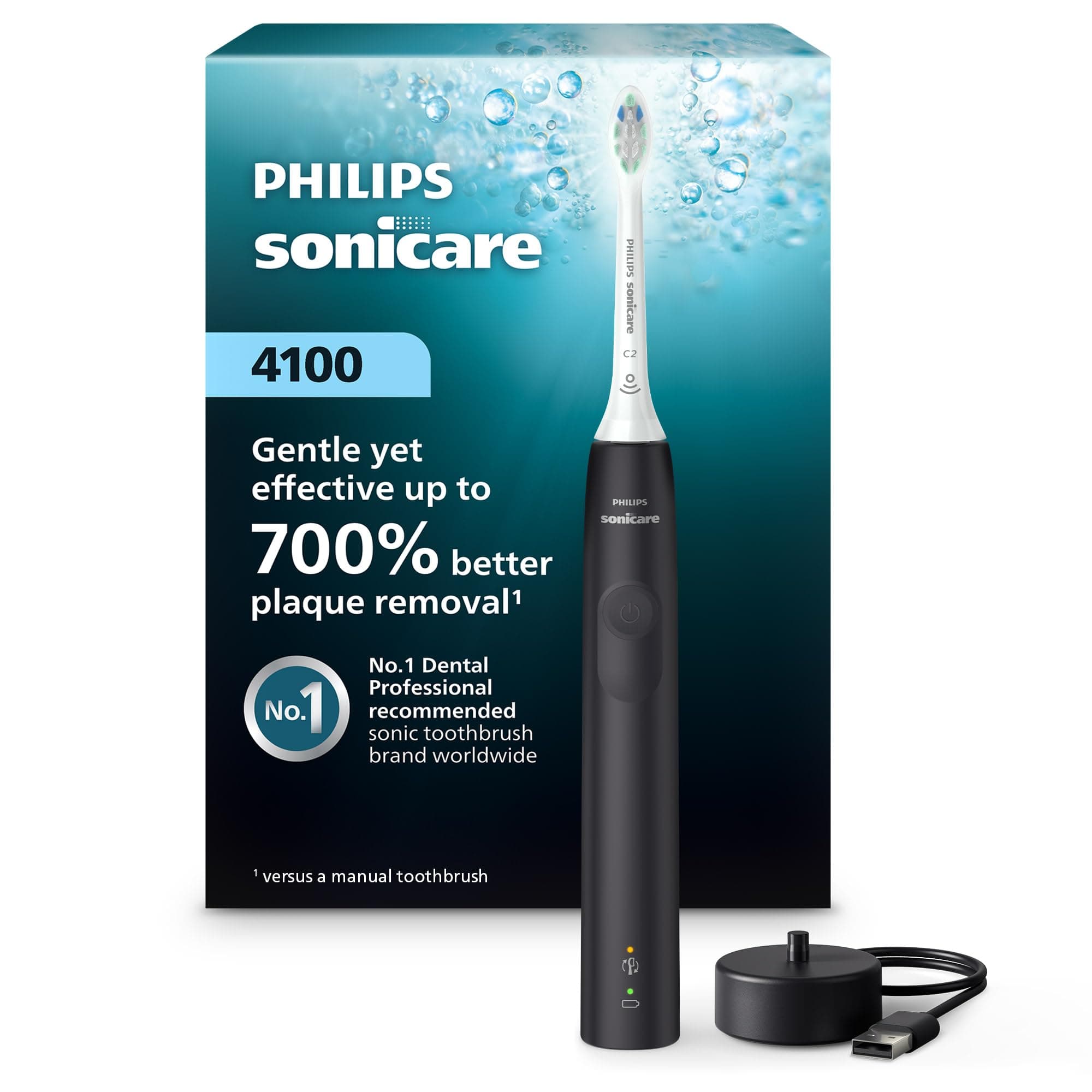 4100 Series Electric Toothbrush - Sonic Toothbrush with Advanced Sonic Technology, Pressure Sensor, Two Intensity Settings, Smartimer & Quadpacer, Black, Model HX3681/24