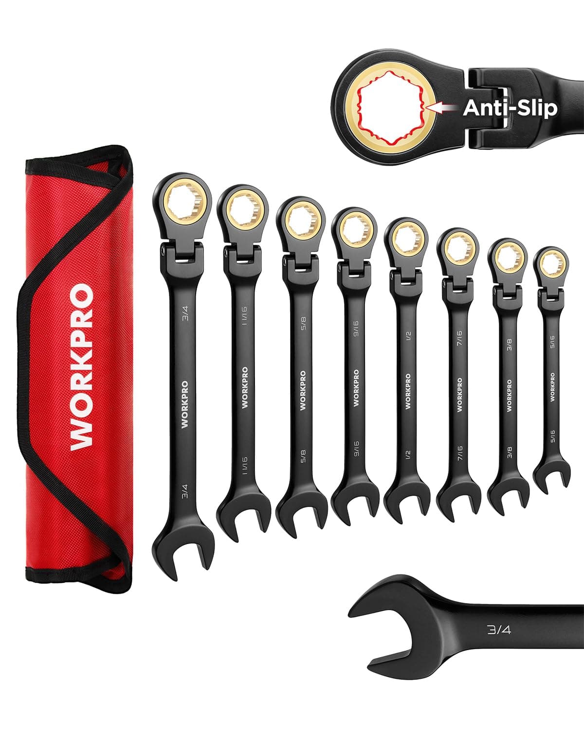 Ratcheting Combination Wrench Set, 8-piece Flex-Head Anti-Slip Set SAE 5/16-3/4 inch, 72-Teeth, Cr-V Constructed, Black Electrophoretic Coating with Rolling Pouch