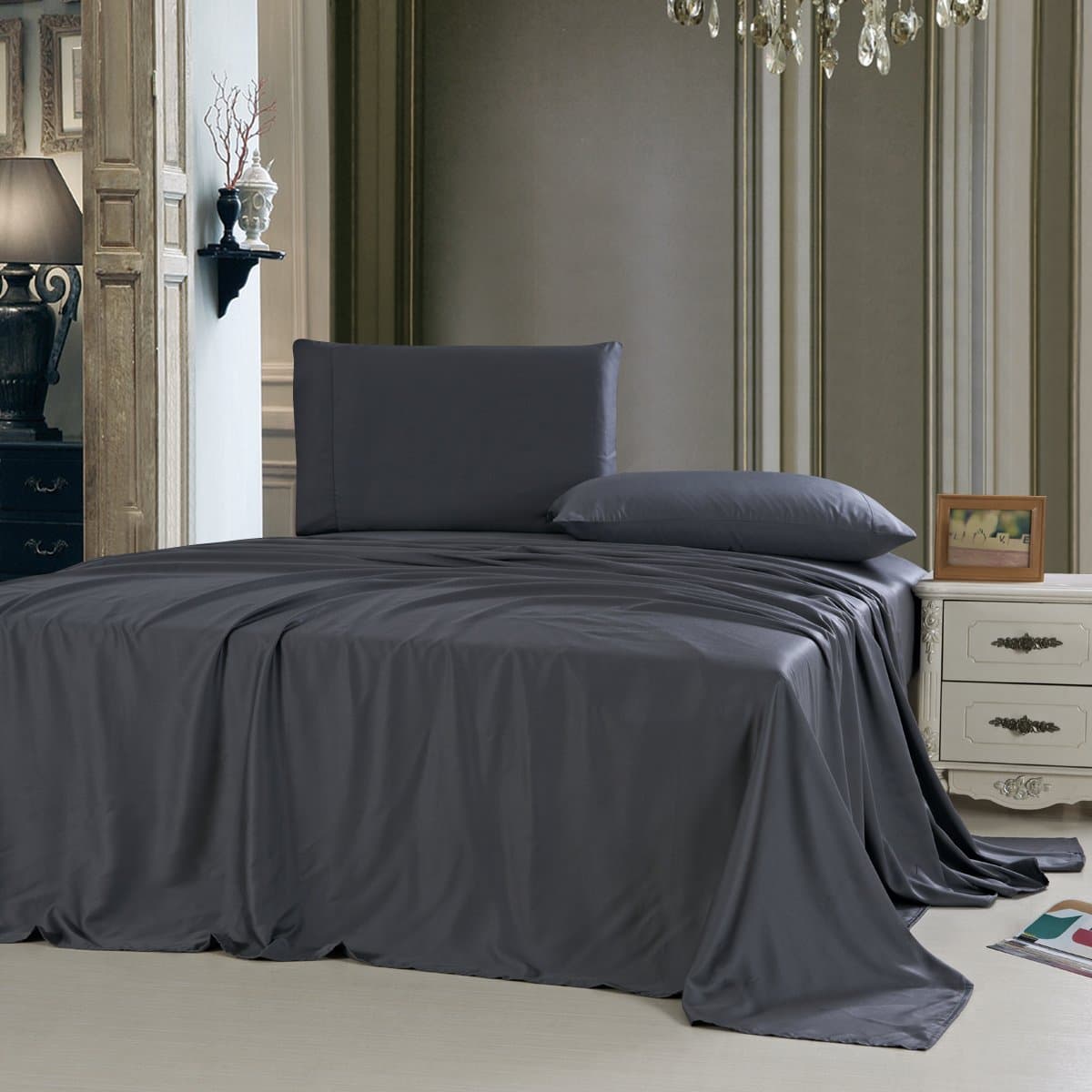 TONYRENA Bed Sheet Set Bedding 4 Piece Extra Soft Bamboo Bed Sheets Cozy Comfortable Fade Stain Resistant Hypoallerqenic Silky Bedding Set With Flat Sheet,Fitted Sheet And 2 Pillow Cases(GREY)