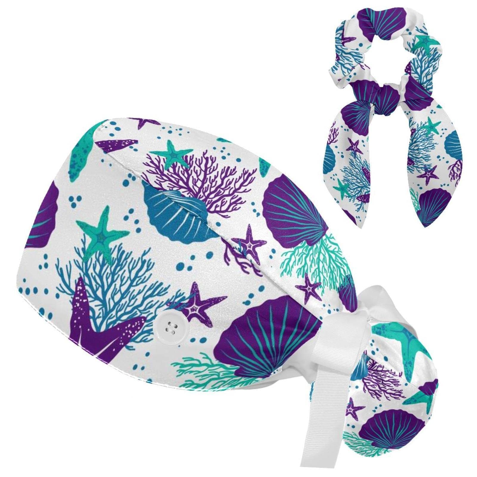 Anna Cowper Skull Pattern Retro Working Cap with Buttons Sweatband Ribbon Tie Back Bouffant Hats with Bow Hair Scrunchies