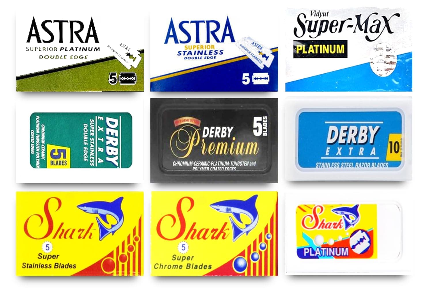 Razor Blades Club Astra-Derby-Shark-Permasharp 50 Quality Double Edge Sampler (9 different brands)