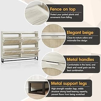 Maupvit Large Rattan Shoe Storage Cabinet with 4 Flip Drawers, Freestanding Shoe Organizer with Metal Legs for Entryway, Hidden Silver Handles, Narrow Shoe Rack Cabinet, Beige