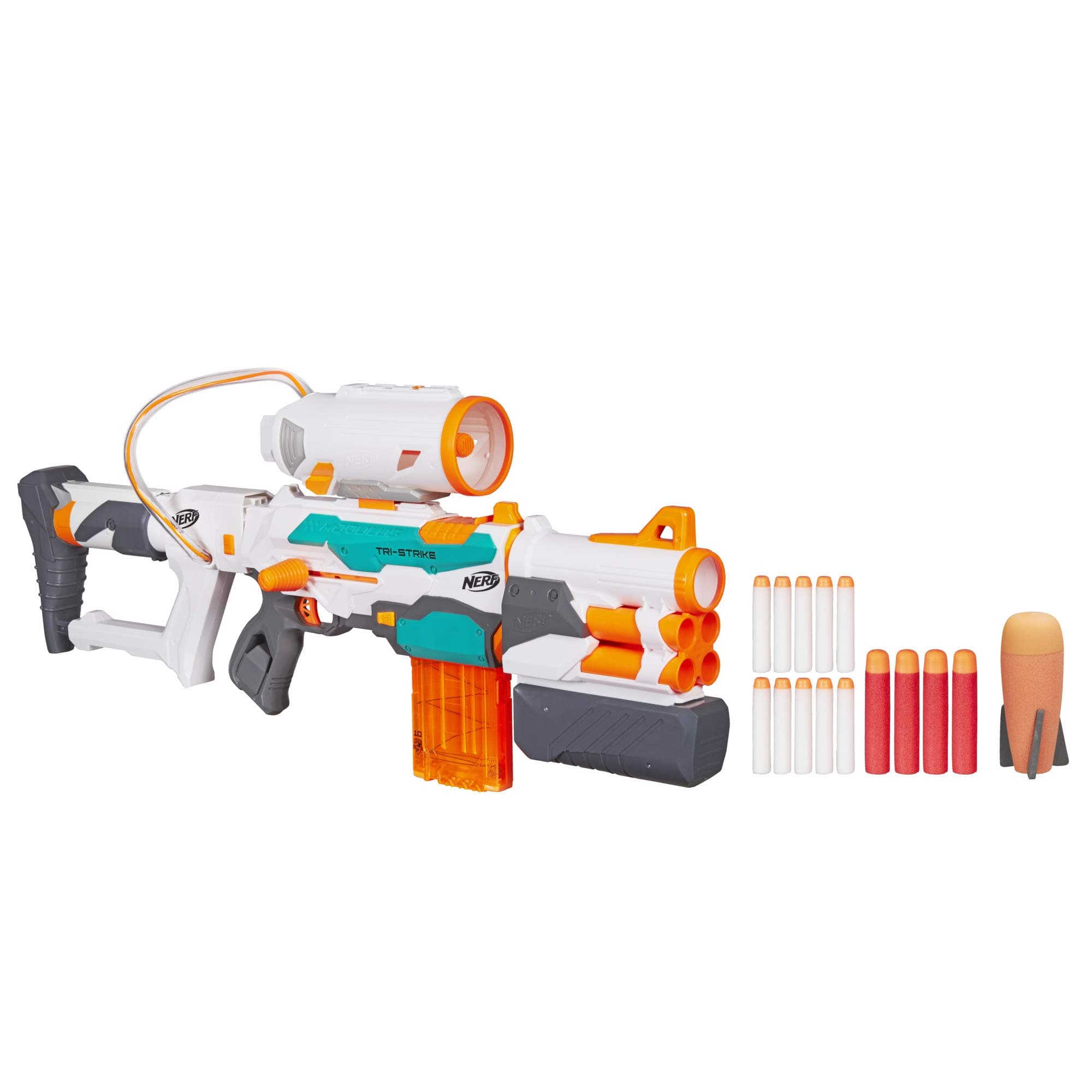 Modulus Tri-Strike Blaster, Mega Barrel, Rocket Launcher, Clip, 1 Rocket, Kids Outdoor Games (Amazon Exclusive)