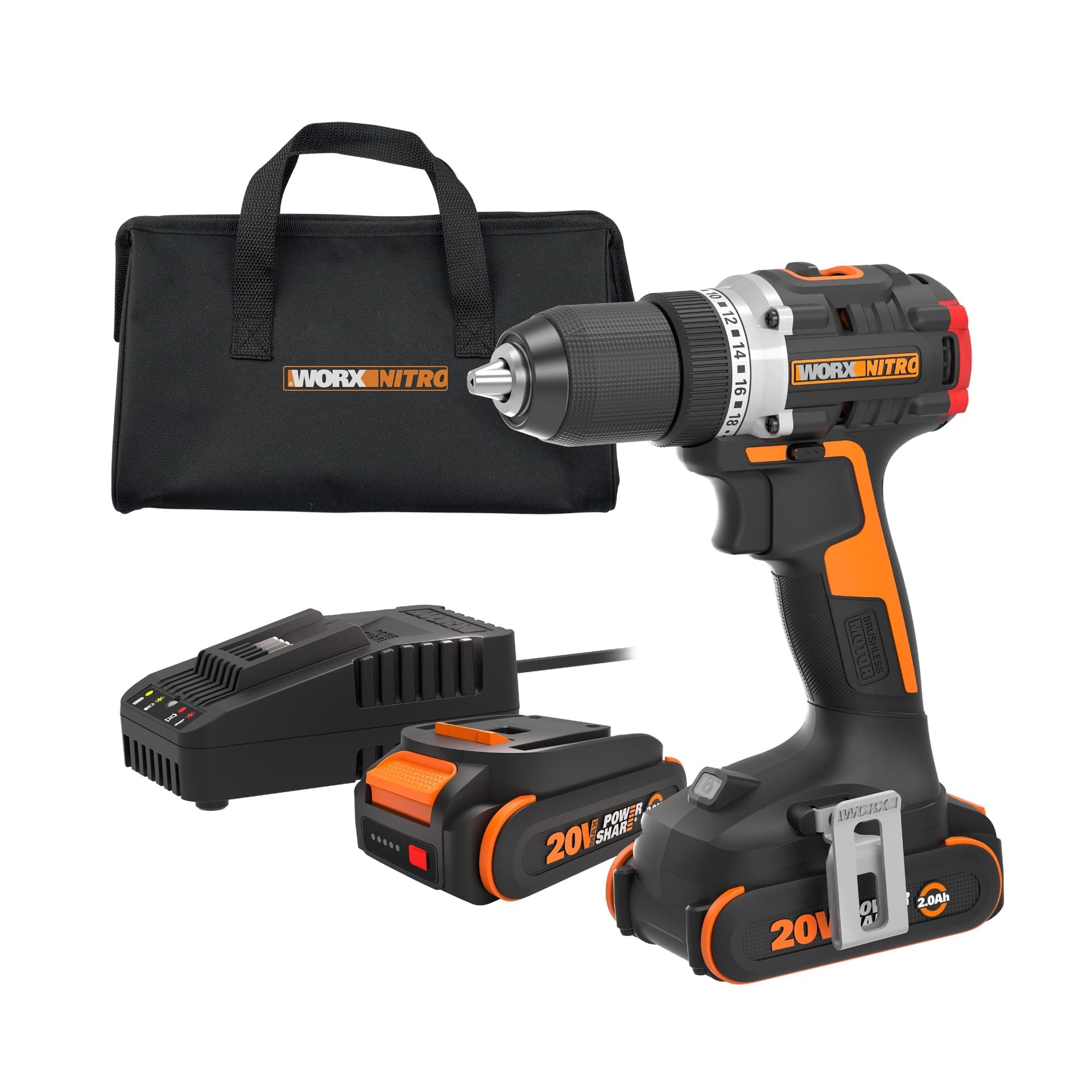 Nitro 20V Cordless 1/2" Drill Driver With Brushless Motor - Compact & Lightweight Set Only 6" and 3 lbs. - Power Share Compatible WX130L - Batteries & Charger Included, Black