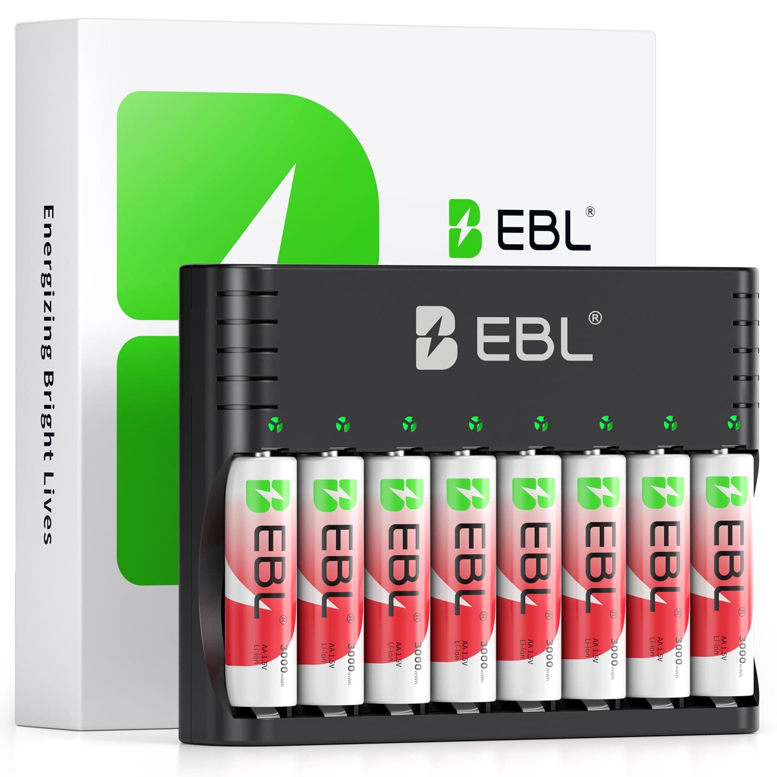 EBLRechargeable AA Batteries Lithium, 8 Pack 1.5V 3000mWh Double A Battery, 1600 Cycles Long Lasting Batteries with 1.5V Li-ion & 1.2V NiMH/NiCD AA AAA Battery Charger