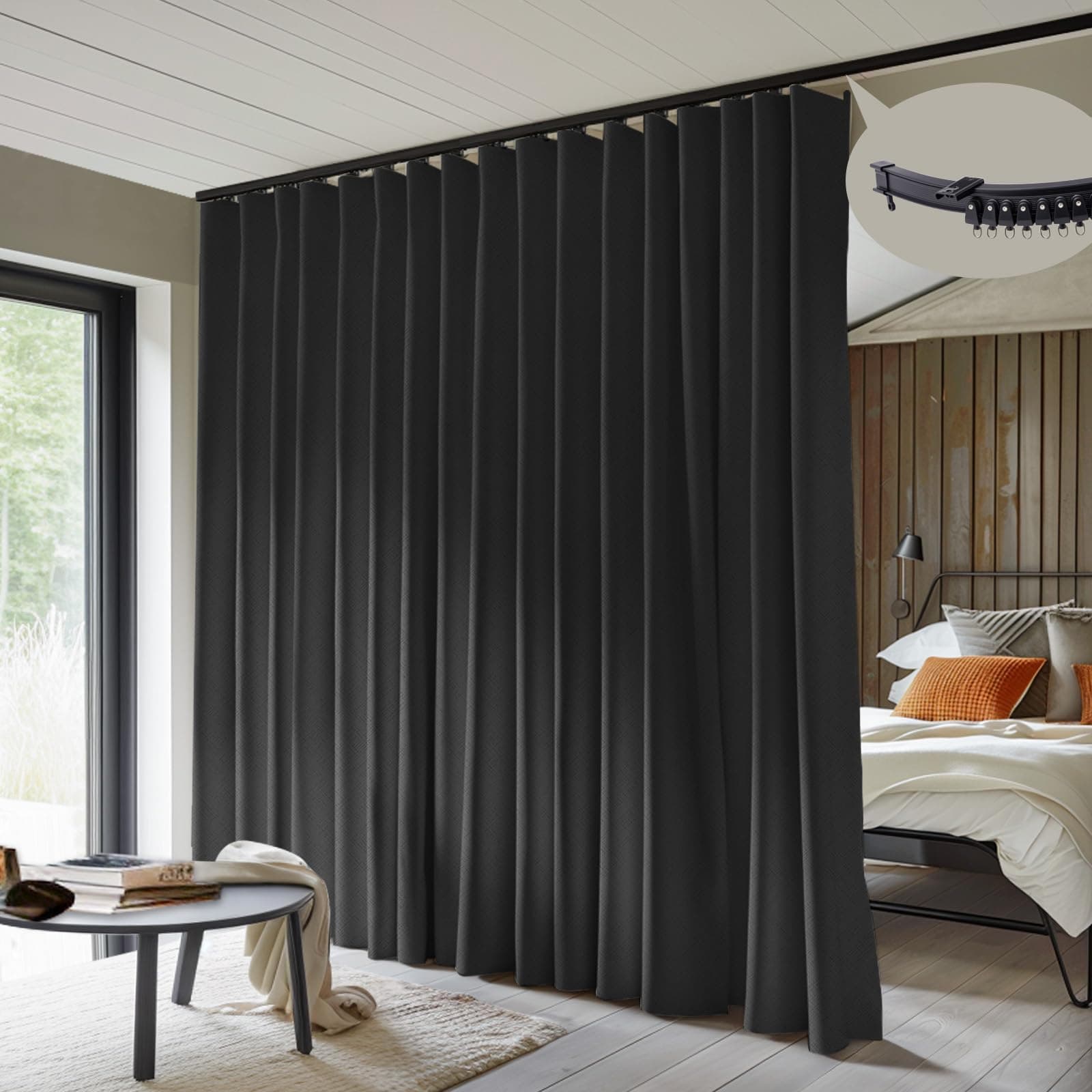 MaKefeile Room Divider Curtains with Flexible Ceiling Curtain Tracks Set,100% Blackout Floor to Ceiling Curtains Patio Sliding Door Curtains (Black Drape & Black Rail W 8.3 × H 7 FT)