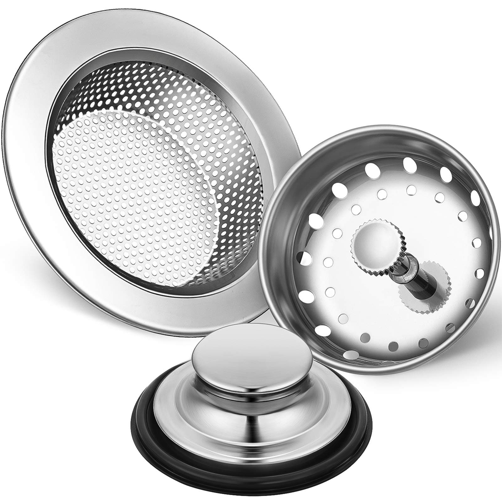 3 Pcs Kitchen Sink Drain Strainer and Stopper Stainless Steel Garbage Disposal Plug with Handle Universal Anti-Clogging Kitchen Sink Filter Sieve Basket Strainer(Silver)