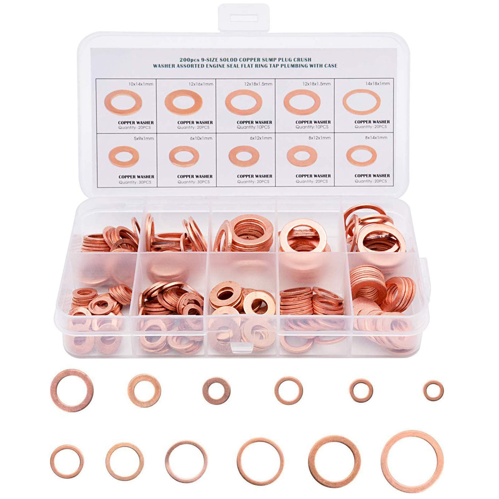 200pcs Copper Washers Gasket Sealing Ring O Ring Copper Gaskets Set Flat Ring Seal Kit for Hardware Accessories (9 Sizes, M5-M14)
