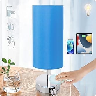 Yarra-Decor Blue Fabric Shade Touch Control Table Lamp with USB Ports, 3 Way Dimmable Nightstand Lamp for Bedroom, Living Room, Kids Room, College Dorm, Office