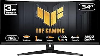 ASUS TUF Gaming 34" Ultra-Wide Curved Monitor (VG34VQ3B) – 21:9 QHD (3440x1440), 180Hz, 1ms, Extreme Low Motion Blur Sync, FreeSync Premium, Speaker, 90% DCI-P3, DisplayWidget Center, 3 yr Warranty