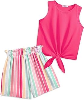 - Girl's 2 Piece Outfits Tie Knot Tank Top and Paperbag Waist Pocketed Summer Short Sets