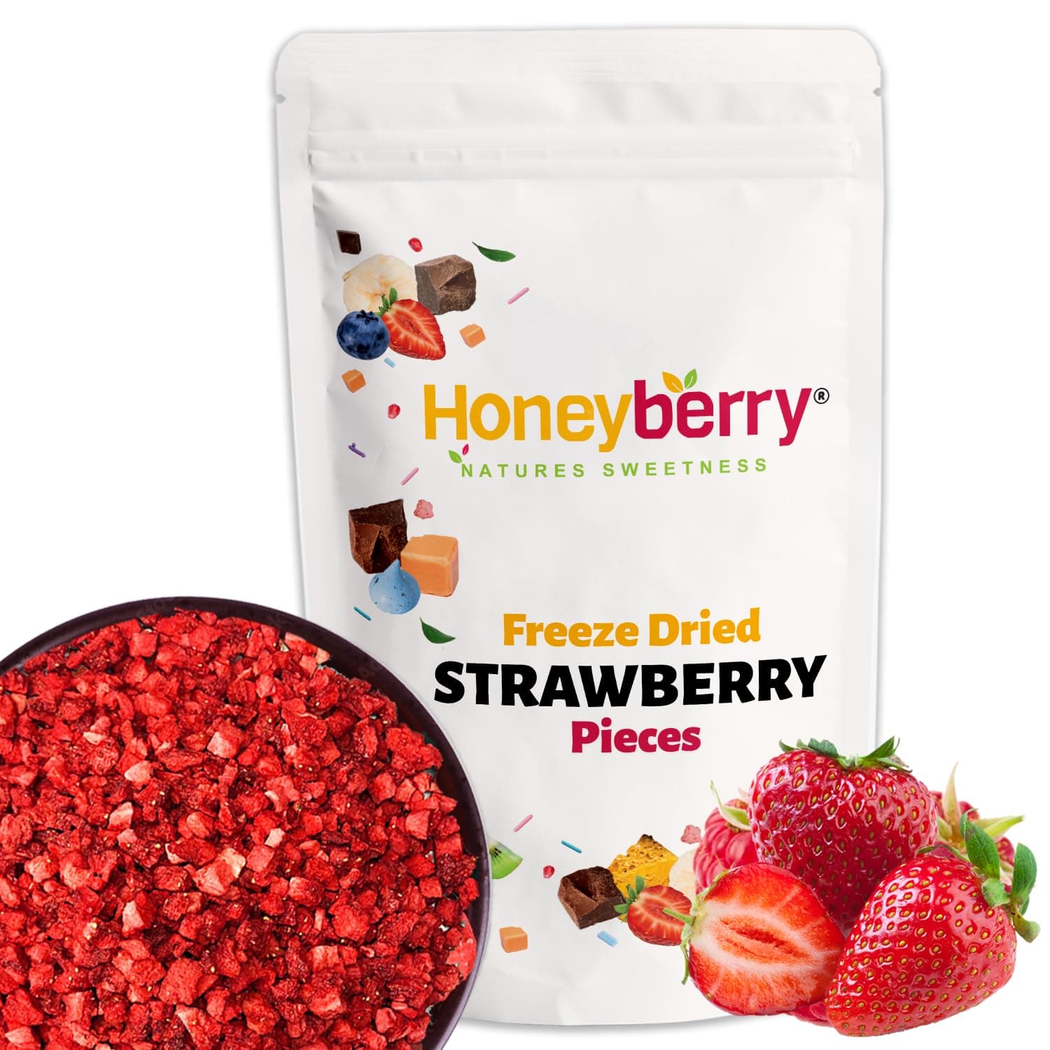 Freeze Dried Strawberry Pieces 70g - Premium Freeze-Dried Fruit Bits - 100% Natural, No Added Sugar or Preservatives Raw Dry Strawberries for Baking, Cake Decoration, Porridge Oats, Ice Cream Topping
