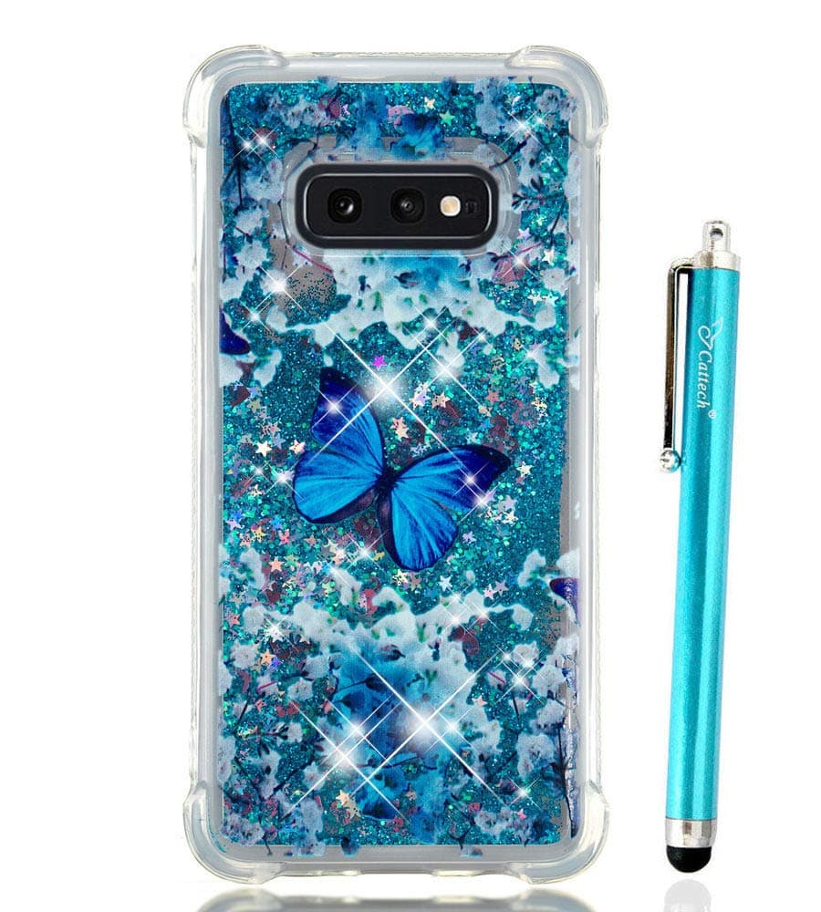 S10e Glitter Case, Galaxy S10e Case Liquid Sparkle Floating Luxury Bling Cute for Girls Women [Drop Protection][Non-Slip Grip] Slim Clear TPU Cover for Samsung Galaxy S10e Case (2019)(Blue Butterfly)
