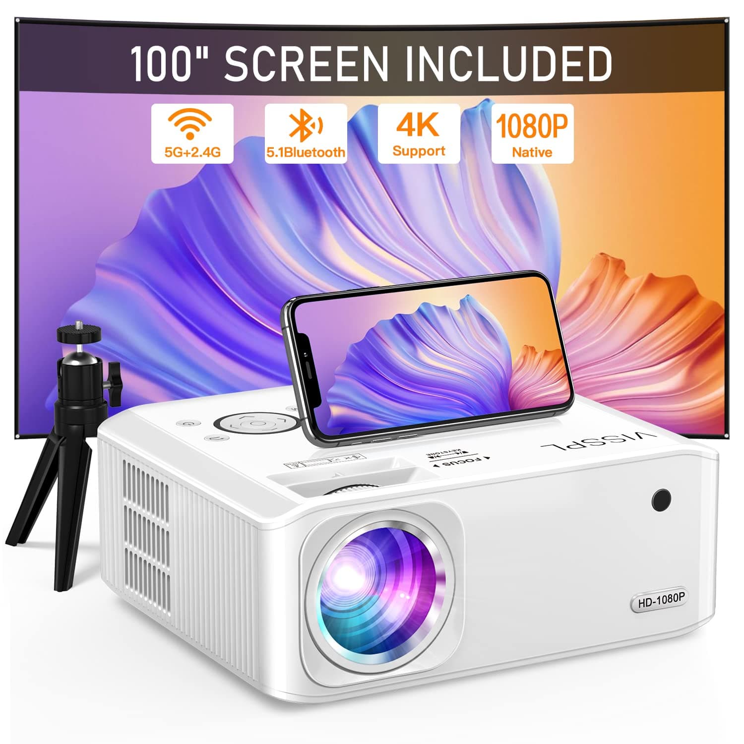 [Electric Keystone 6D/4P] Projector 4K, 5G WiFi Bluetooth Projector 18000L, VISSPL Native 1080P Outdoor Projectors with PPT, Zoom and Tripod, Projectors for TV Stick/iOS/Android