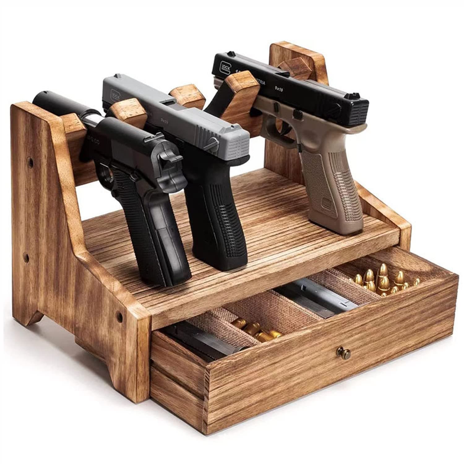 MOREIH Pistol Rack Solid Wood Handgun Holder Storage Rack Gun Safe Cabinet Storage Organizer Accessories, 6 Pistol Holder Drawer Type With Non Slip Carpeted Surface