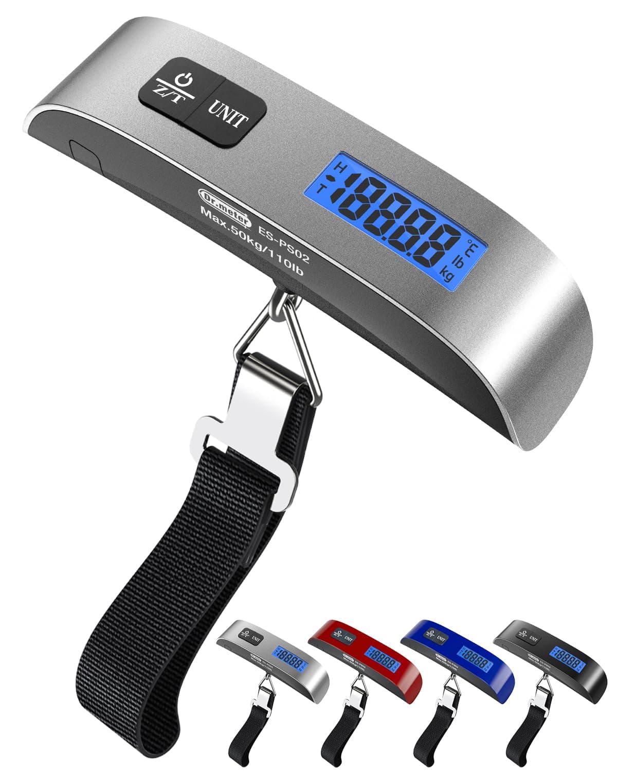 Dr.Meter [Backlight LCD Display Luggage Scale] 110lb/50kg Electronic Balance Digital Postal Luggage Hanging Scale with Rubber Paint Handle,Temperature Sensor, Silver/Black, 1 Pack