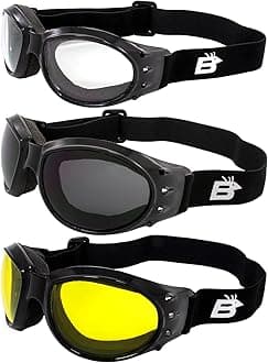Eyewear Eagle Padded Motorcycle Goggles - 3 Pairs with Black Frames and Clear, Smoke, and Yellow Lenses for Day and Night Riding Comfort in All Weather Conditions