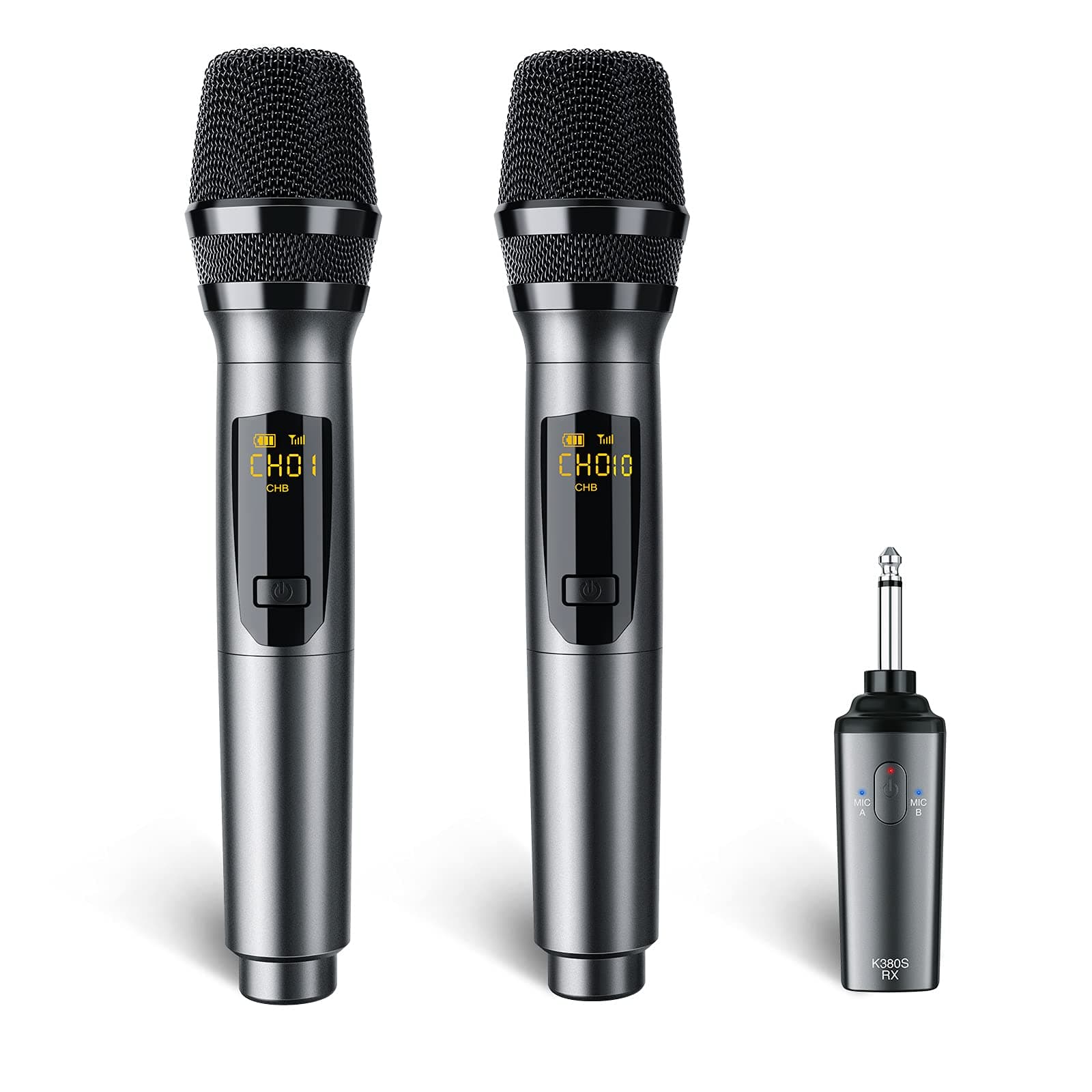 Wireless Microphone Rechargeable Wireless Microphones with Receiver Dual Handheld Microphone System Dynamic MIC for Singing, Speech, Wedding, Church,Speaker, PA System(K380S)